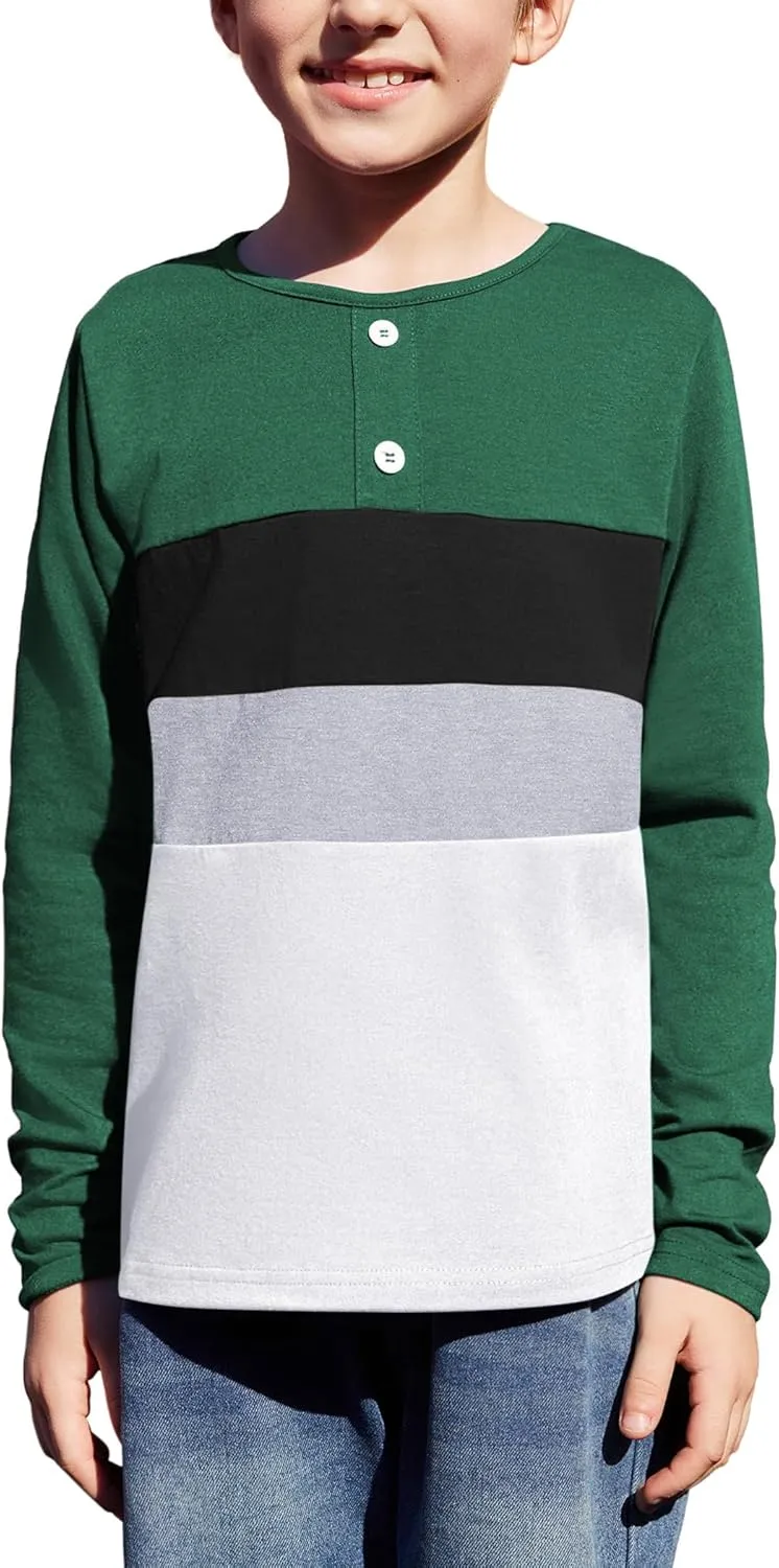 Arshiner Kids Boys Henley Shirts Cotton Long Sleeve Crewneck T-Shirts Color Block Tee Tops 3-12 Years