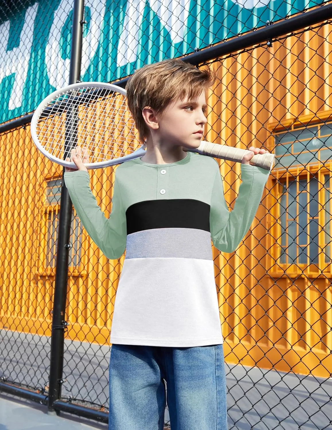 Arshiner Kids Boys Henley Shirts Cotton Long Sleeve Crewneck T-Shirts Color Block Tee Tops 3-12 Years