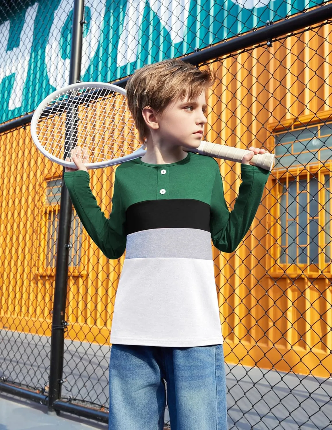 Arshiner Kids Boys Henley Shirts Cotton Long Sleeve Crewneck T-Shirts Color Block Tee Tops 3-12 Years