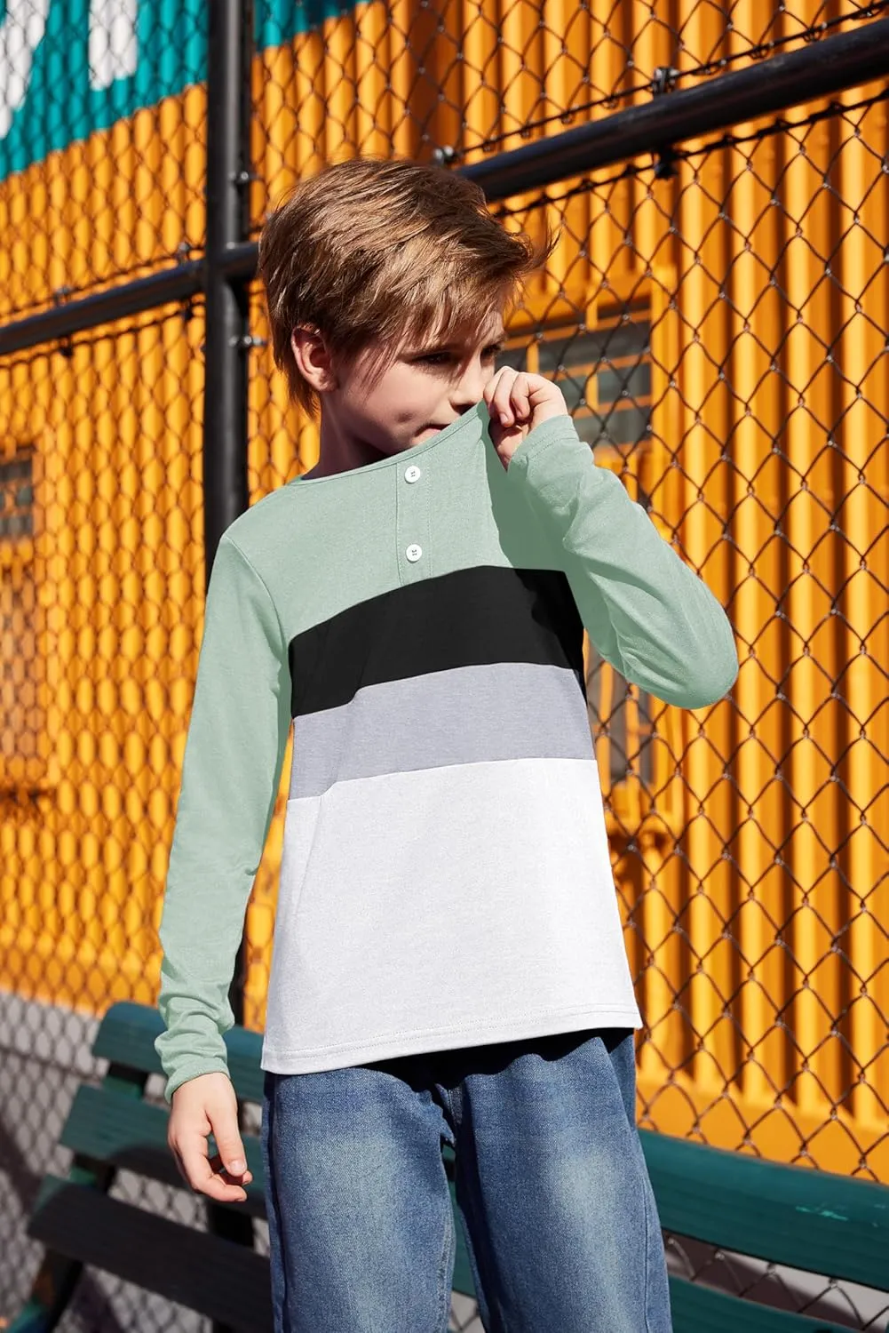 Arshiner Kids Boys Henley Shirts Cotton Long Sleeve Crewneck T-Shirts Color Block Tee Tops 3-12 Years