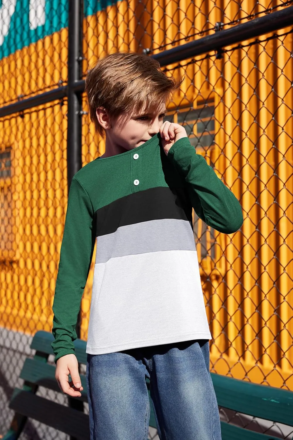 Arshiner Kids Boys Henley Shirts Cotton Long Sleeve Crewneck T-Shirts Color Block Tee Tops 3-12 Years