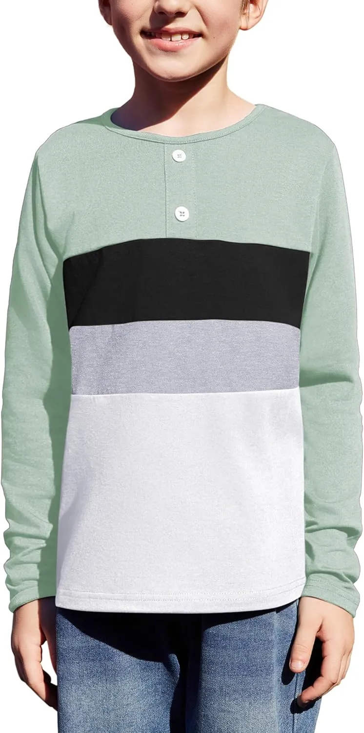 Arshiner Kids Boys Henley Shirts Cotton Long Sleeve Crewneck T-Shirts Color Block Tee Tops 3-12 Years