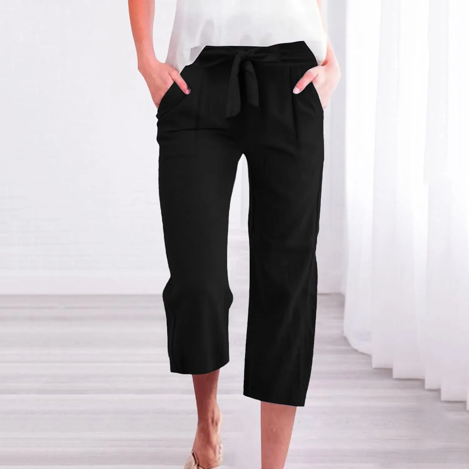 Capri Pants for Women Linen 2025 Summer Pants High Waisted Drawstring Work Straight Wide Leg Pockets Cropped Trouser