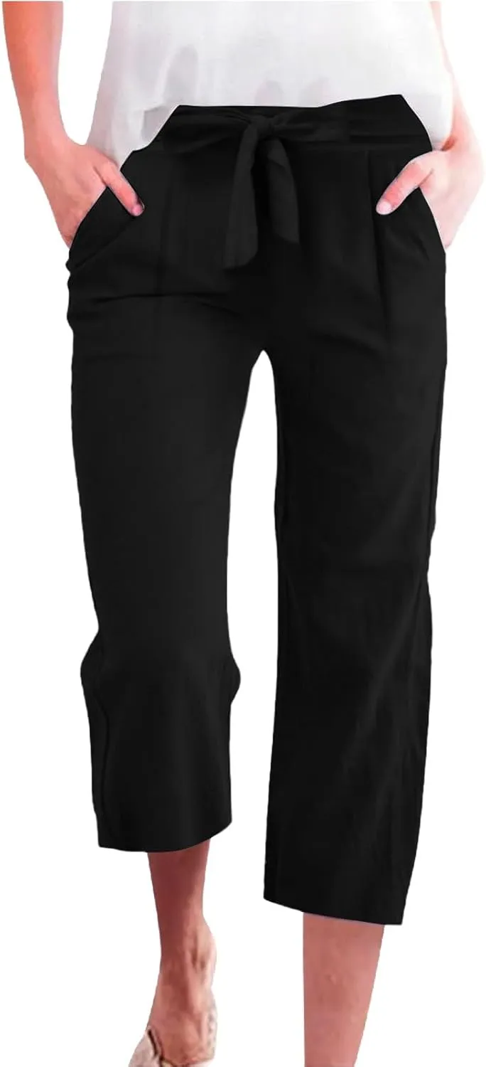 Capri Pants for Women Linen 2025 Summer Pants High Waisted Drawstring Work Straight Wide Leg Pockets Cropped Trouser