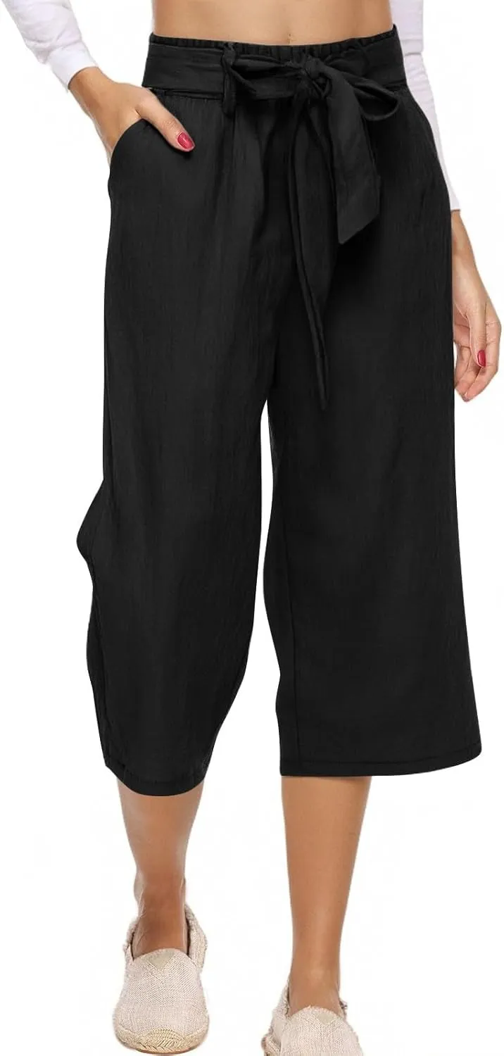 Capri Pants for Women Linen 2025 Summer Pants High Waisted Drawstring Work Straight Wide Leg Pockets Cropped Trouser