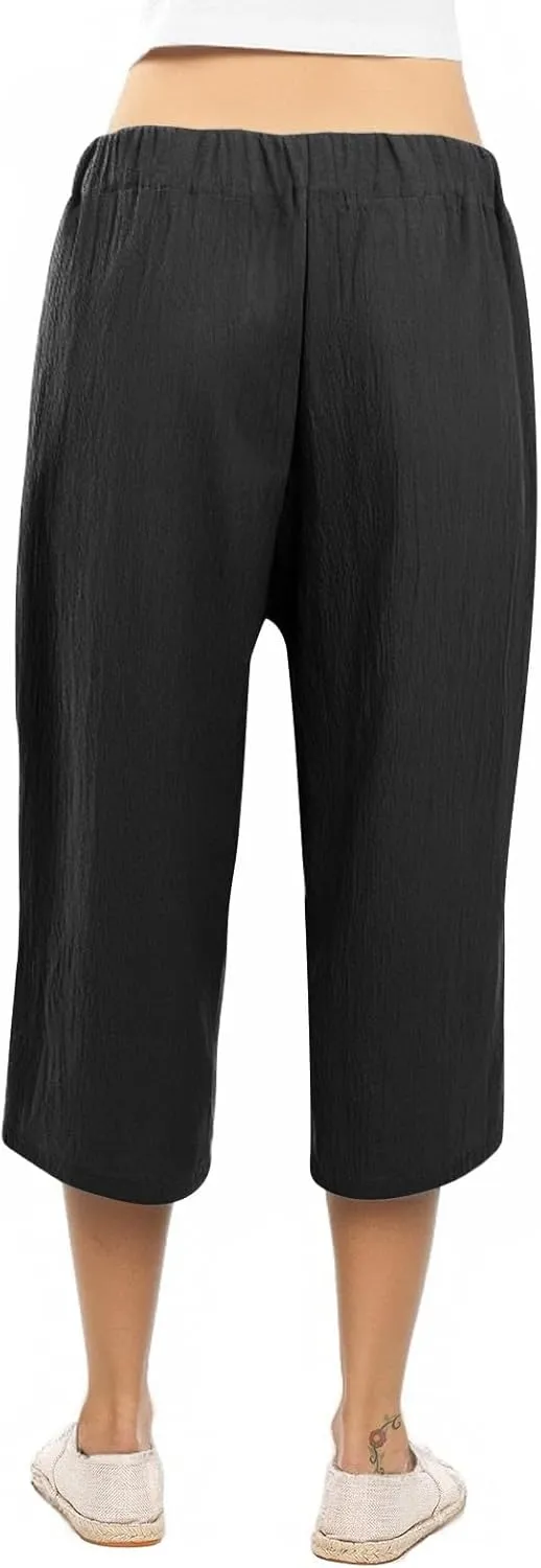Capri Pants for Women Linen 2025 Summer Pants High Waisted Drawstring Work Straight Wide Leg Pockets Cropped Trouser