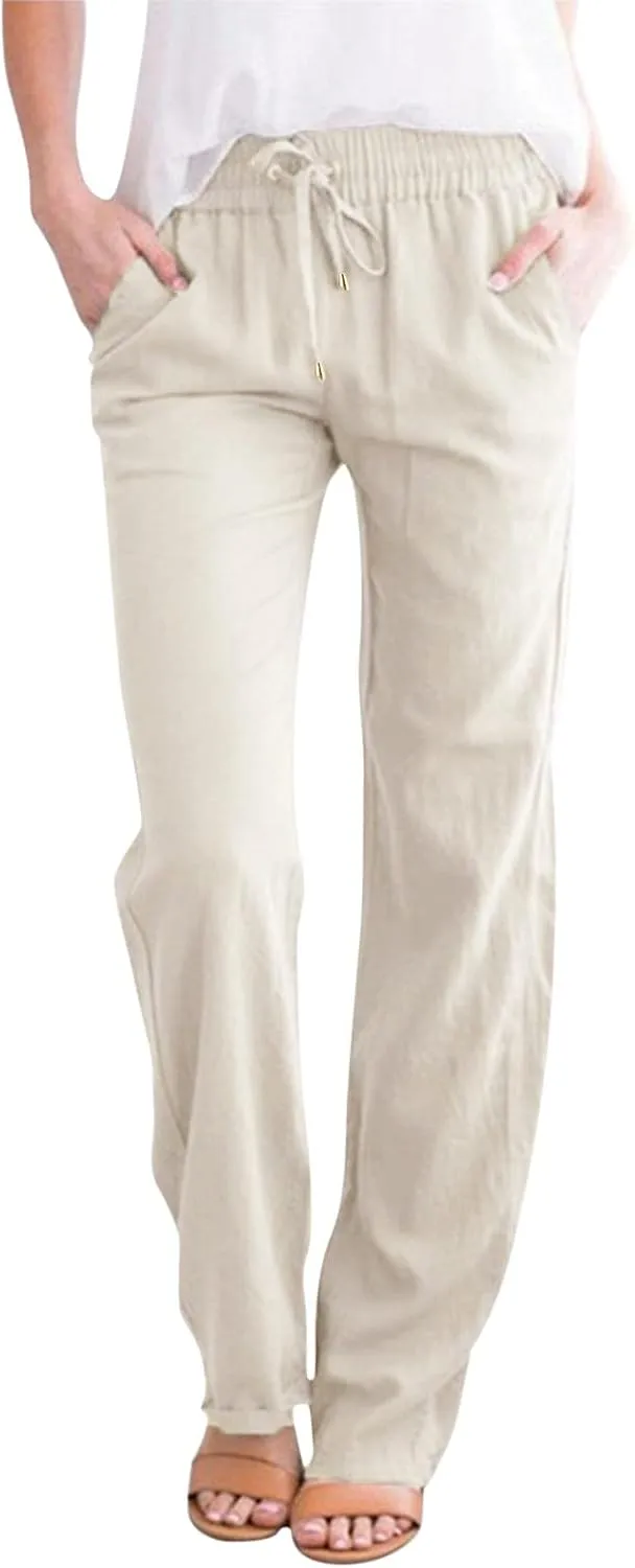 Casual Cotton Linen Pants Women Elastic High Waisted Drawstring Pants Lounge Long Straight Leg Drawstring Work Yoga Pants Trousers with Pockets Pantalones De Mujer