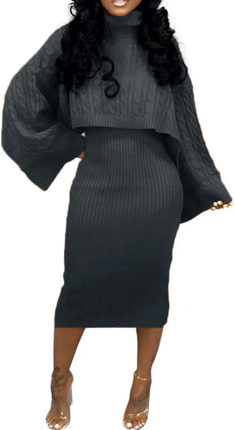 CHARTOU Women's 2 Piece Sweater Dress Sets Cable Knit Turtleneck Jumper Tank Dress Sheath Outfits