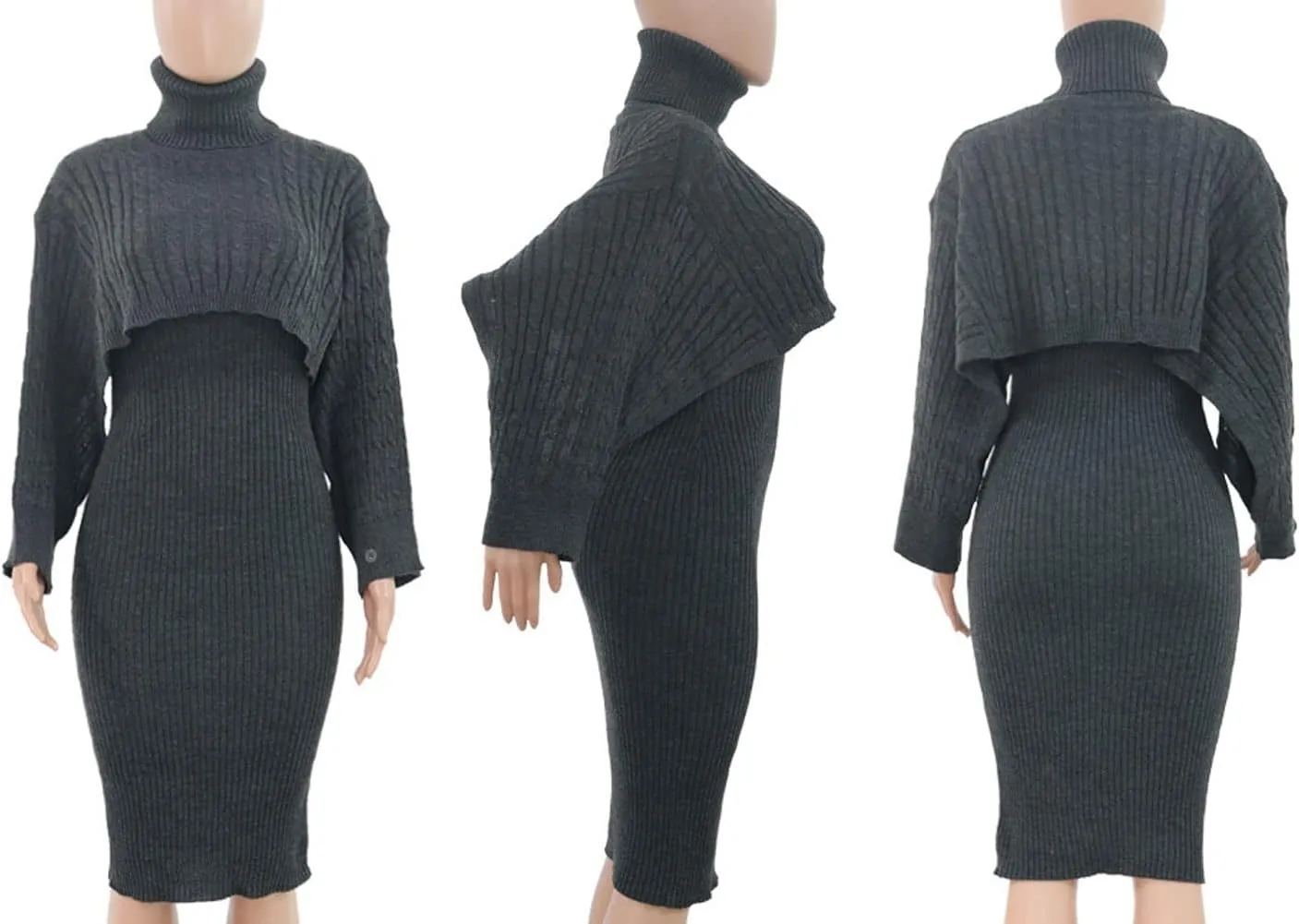 CHARTOU Women's 2 Piece Sweater Dress Sets Cable Knit Turtleneck Jumper Tank Dress Sheath Outfits