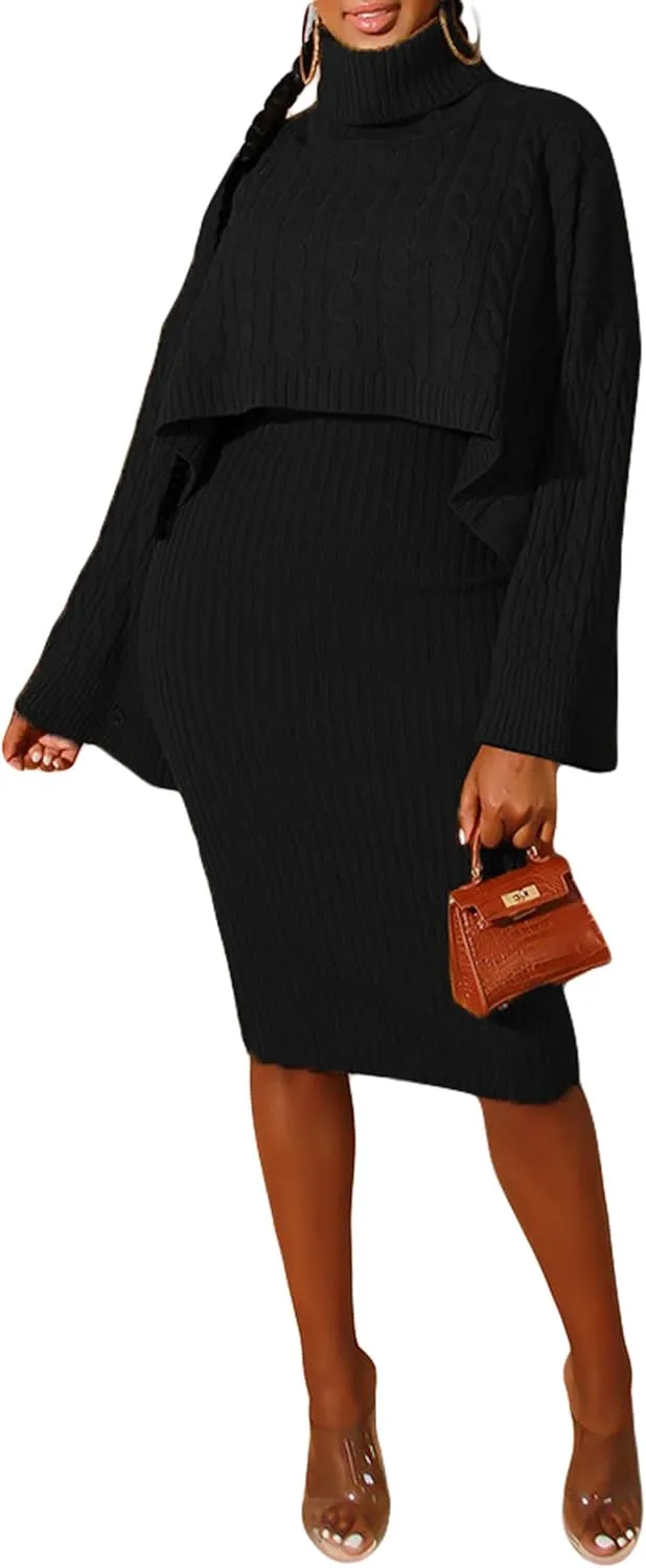 CHARTOU Women's 2 Piece Sweater Dress Sets Cable Knit Turtleneck Jumper Tank Dress Sheath Outfits