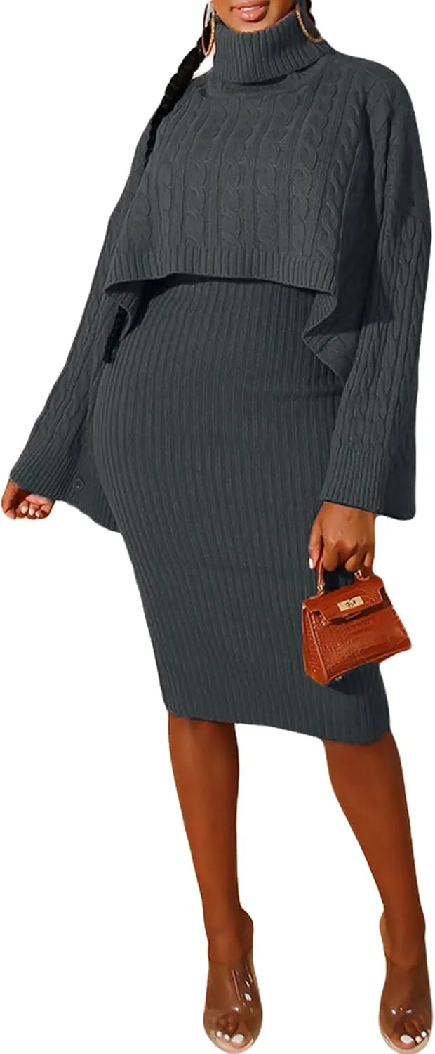 CHARTOU Women's 2 Piece Sweater Dress Sets Cable Knit Turtleneck Jumper Tank Dress Sheath Outfits