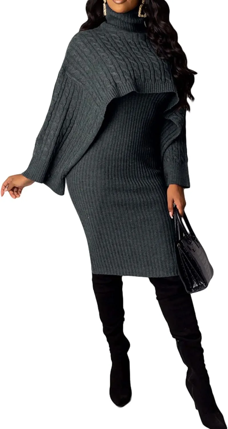 CHARTOU Women's 2 Piece Sweater Dress Sets Cable Knit Turtleneck Jumper Tank Dress Sheath Outfits