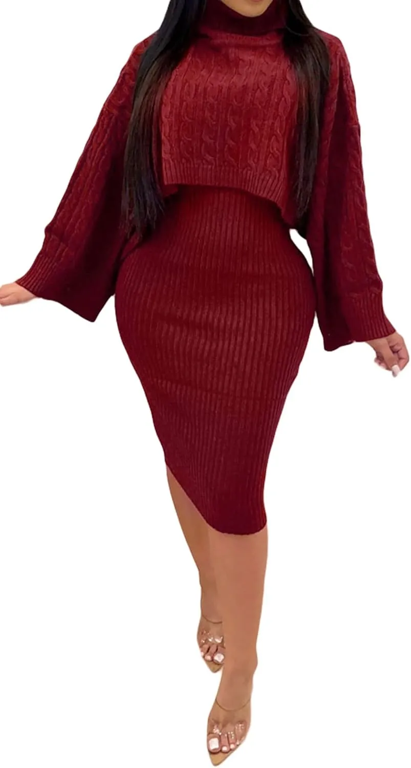 CHARTOU Women's 2 Piece Sweater Dress Sets Cable Knit Turtleneck Jumper Tank Dress Sheath Outfits