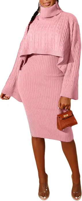 CHARTOU Women's 2 Piece Sweater Dress Sets Cable Knit Turtleneck Jumper Tank Dress Sheath Outfits