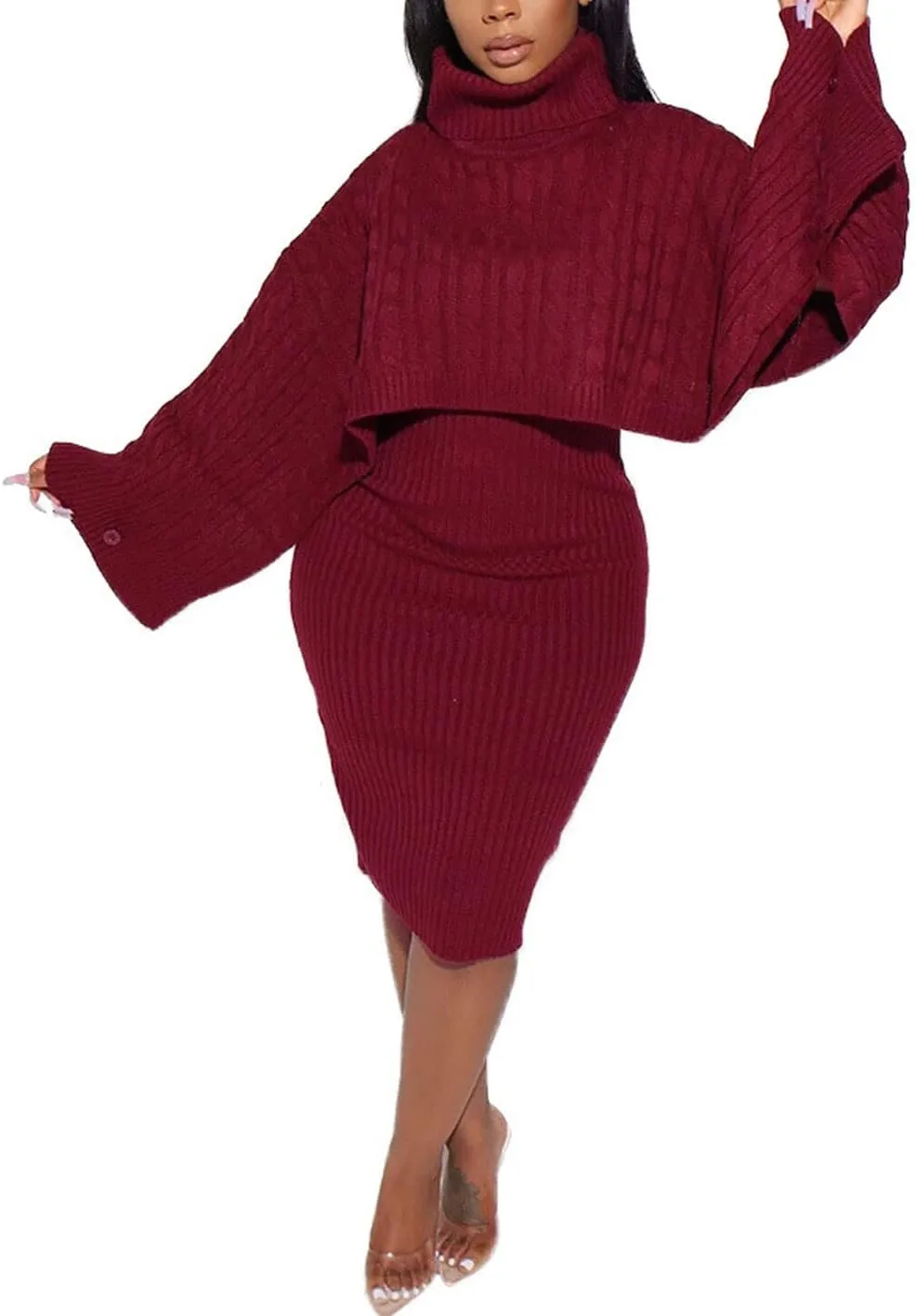 CHARTOU Women's 2 Piece Sweater Dress Sets Cable Knit Turtleneck Jumper Tank Dress Sheath Outfits
