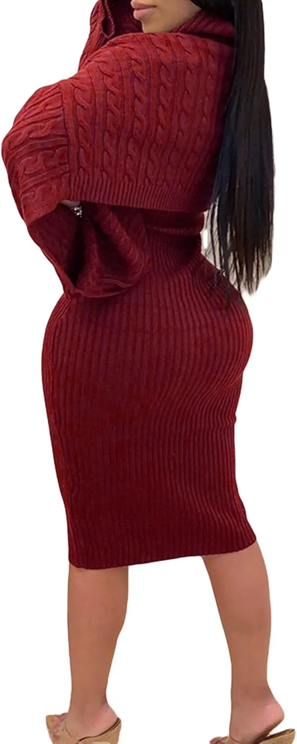 CHARTOU Women's 2 Piece Sweater Dress Sets Cable Knit Turtleneck Jumper Tank Dress Sheath Outfits