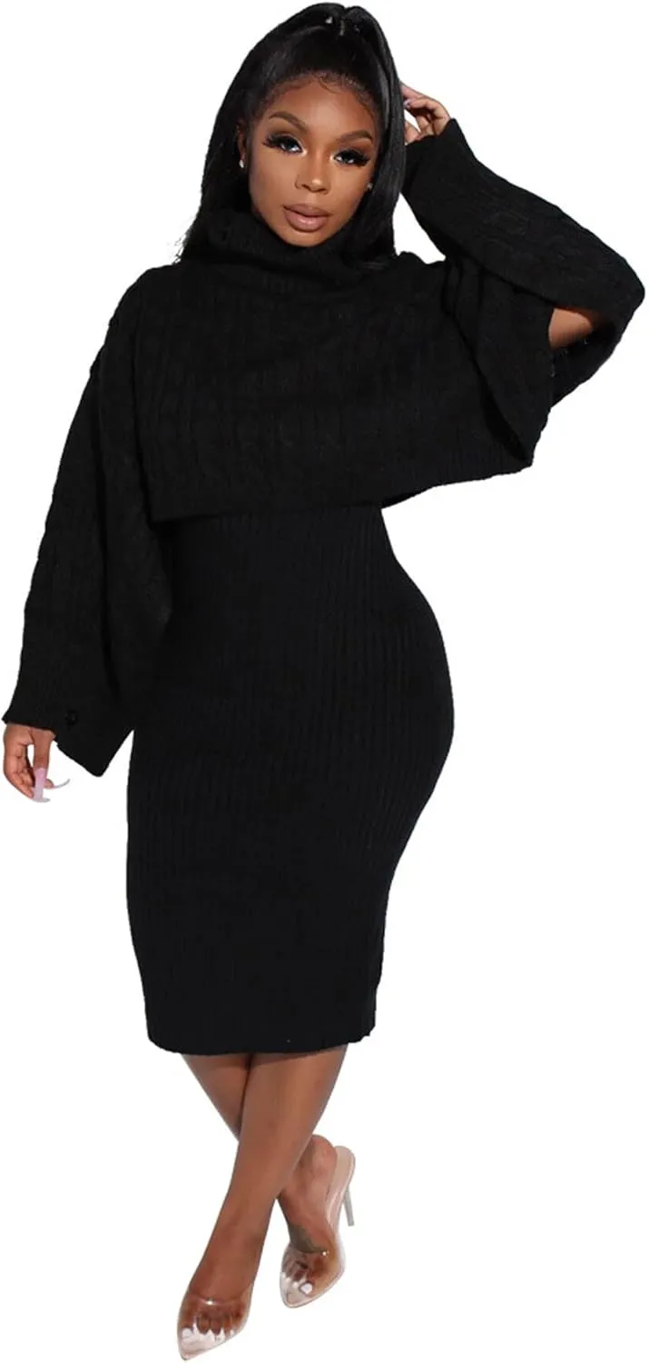 CHARTOU Women's 2 Piece Sweater Dress Sets Cable Knit Turtleneck Jumper Tank Dress Sheath Outfits