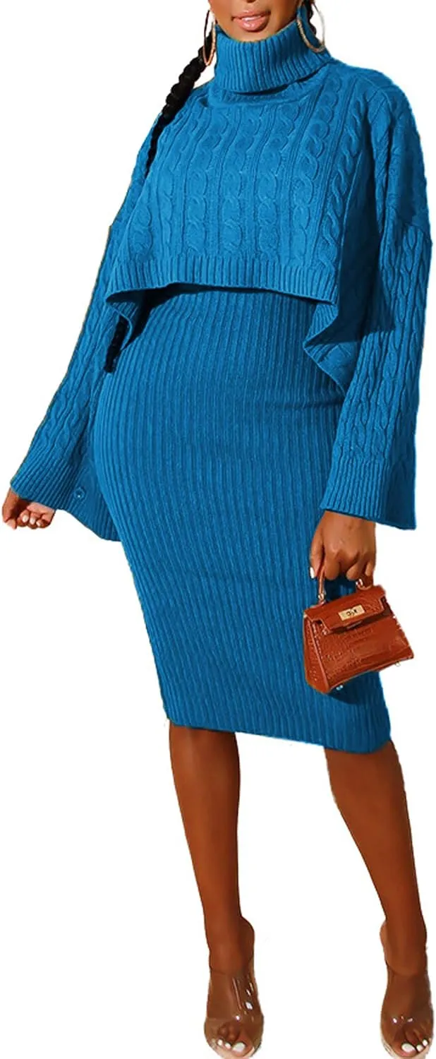 CHARTOU Women's 2 Piece Sweater Dress Sets Cable Knit Turtleneck Jumper Tank Dress Sheath Outfits