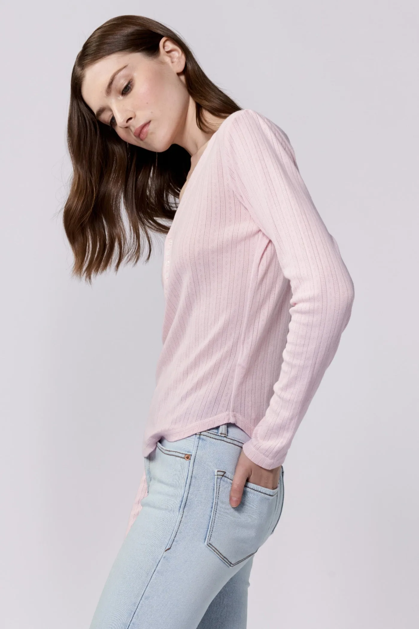 CORTADO LONG SLEEVE FITTED HENLEY TOP PINK A BOO