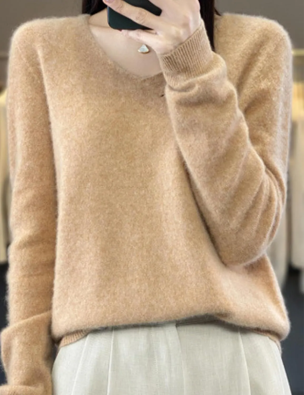 FindThy Women’s 100% Cashmere Pullover Sweater Long Sleeve V Neck Cashmere Wool Sweater Suit Knitted Jumpers