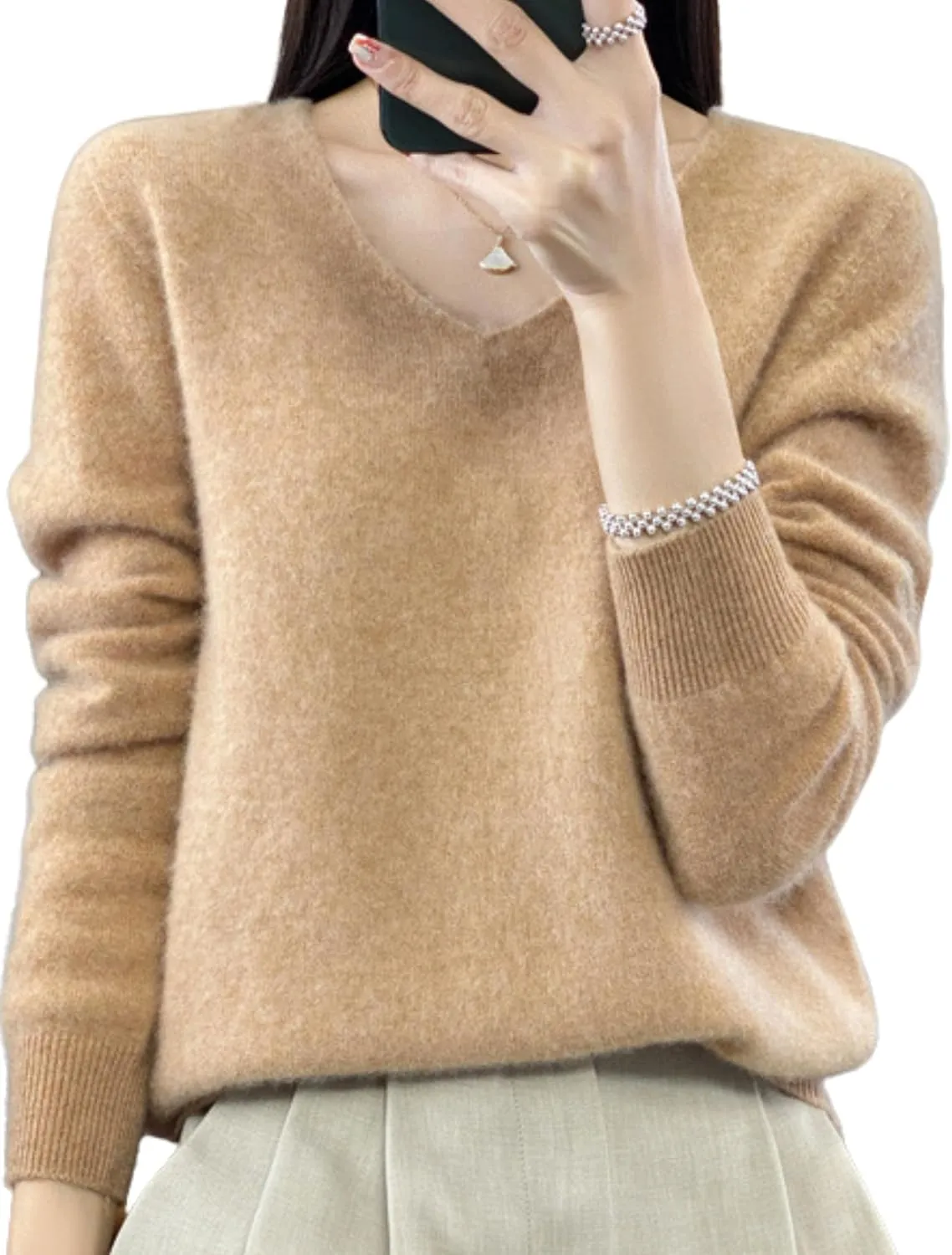 FindThy Women’s 100% Cashmere Pullover Sweater Long Sleeve V Neck Cashmere Wool Sweater Suit Knitted Jumpers
