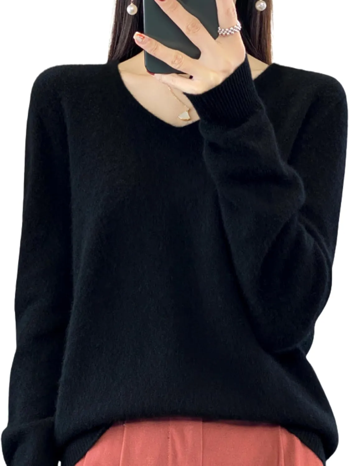 FindThy Women’s 100% Cashmere Pullover Sweater Long Sleeve V Neck Cashmere Wool Sweater Suit Knitted Jumpers