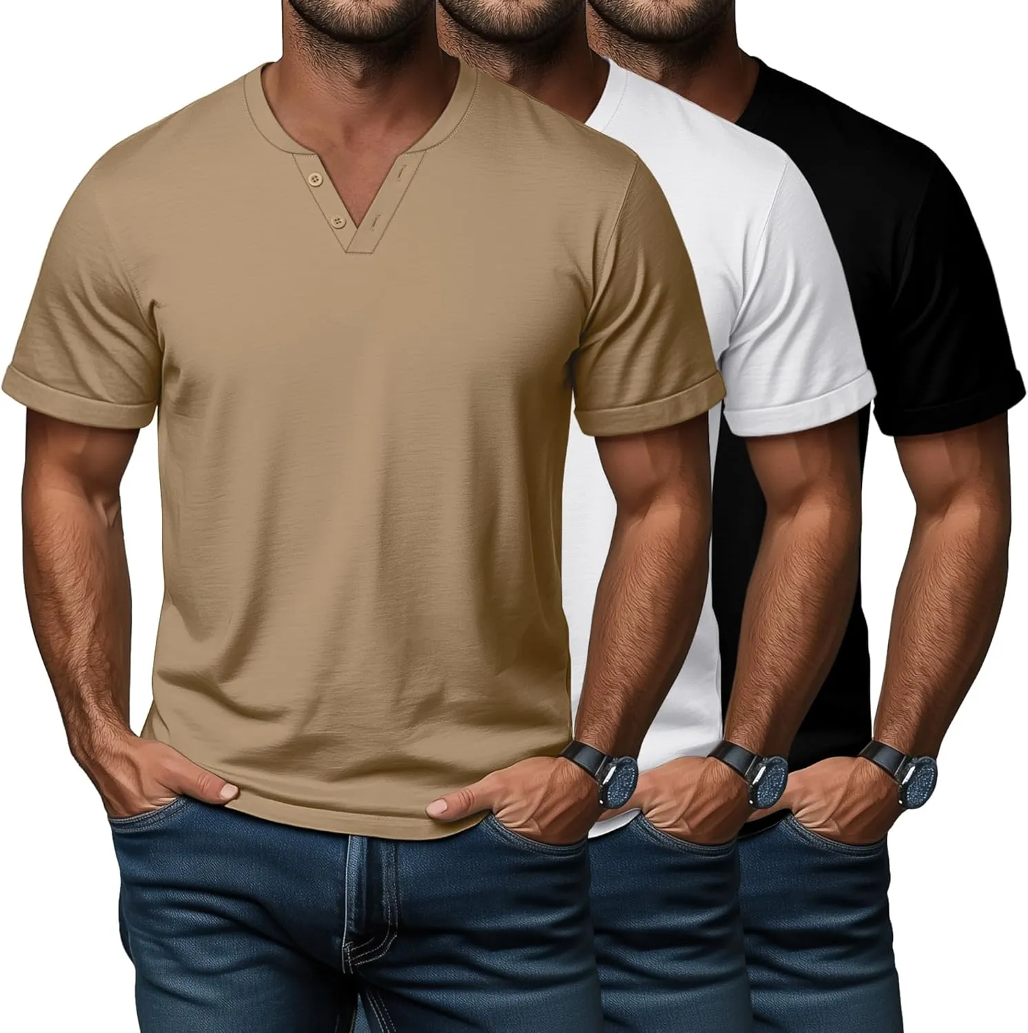 Huukeay 3 Pack Big and Tall Men's Short Sleeve Henley T Shirts Cotton Summer Casual Basic Tee Button Lightweight Stretch Top