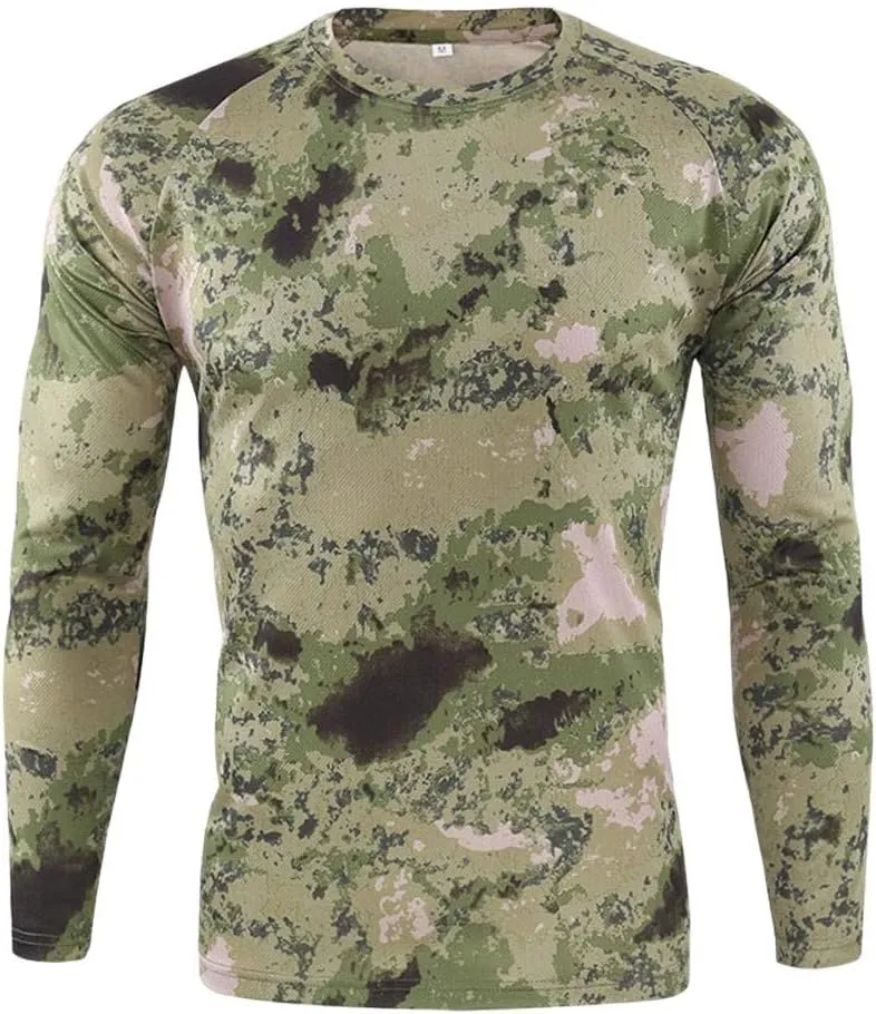 Long Sleeve Camo T-Shirt for Men Military Camouflage Athletic Compression Shirt Workout Gym Sports Quick Dry Hiking Shirts