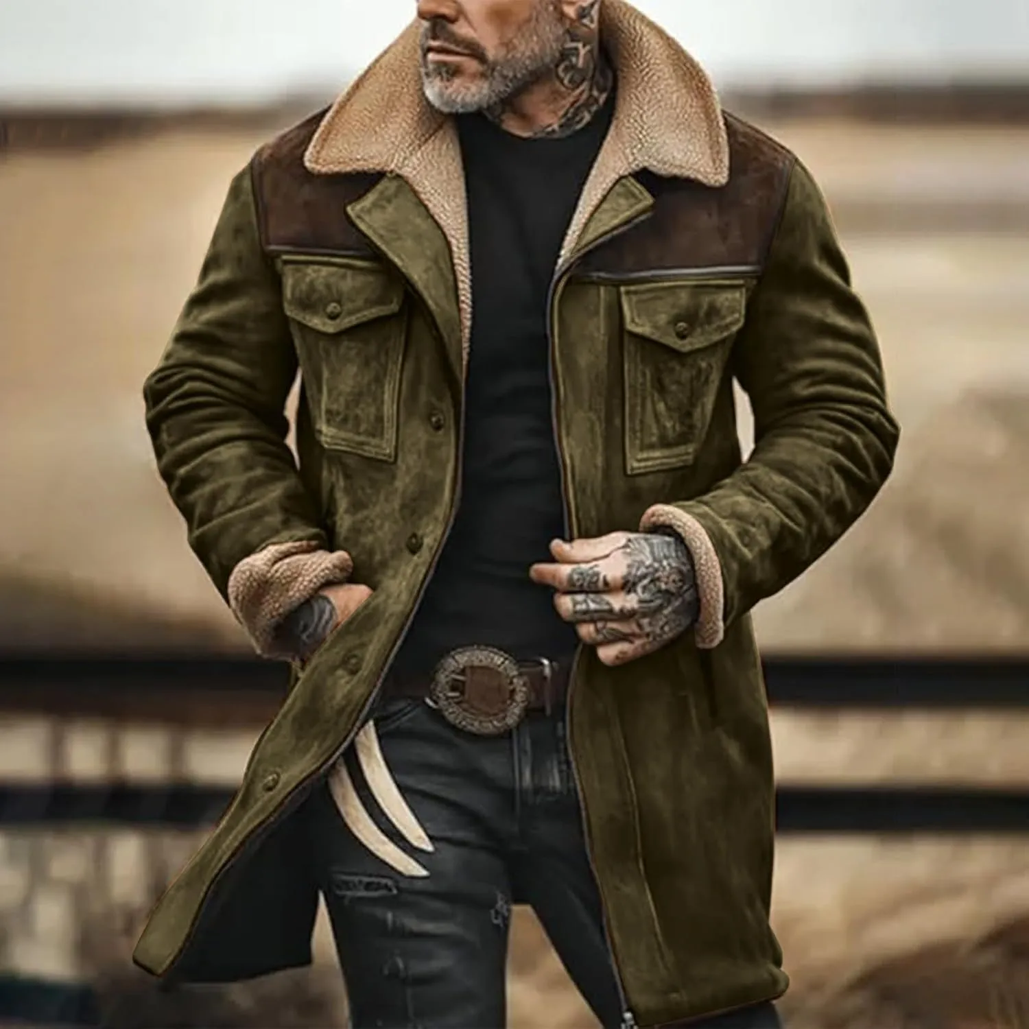 Mens Fleece Suede Coats Winter Plush Lapel Sherpa Lined Jackets Thicken Cashmere Outdoor Retro Warm Shacket Outerwear