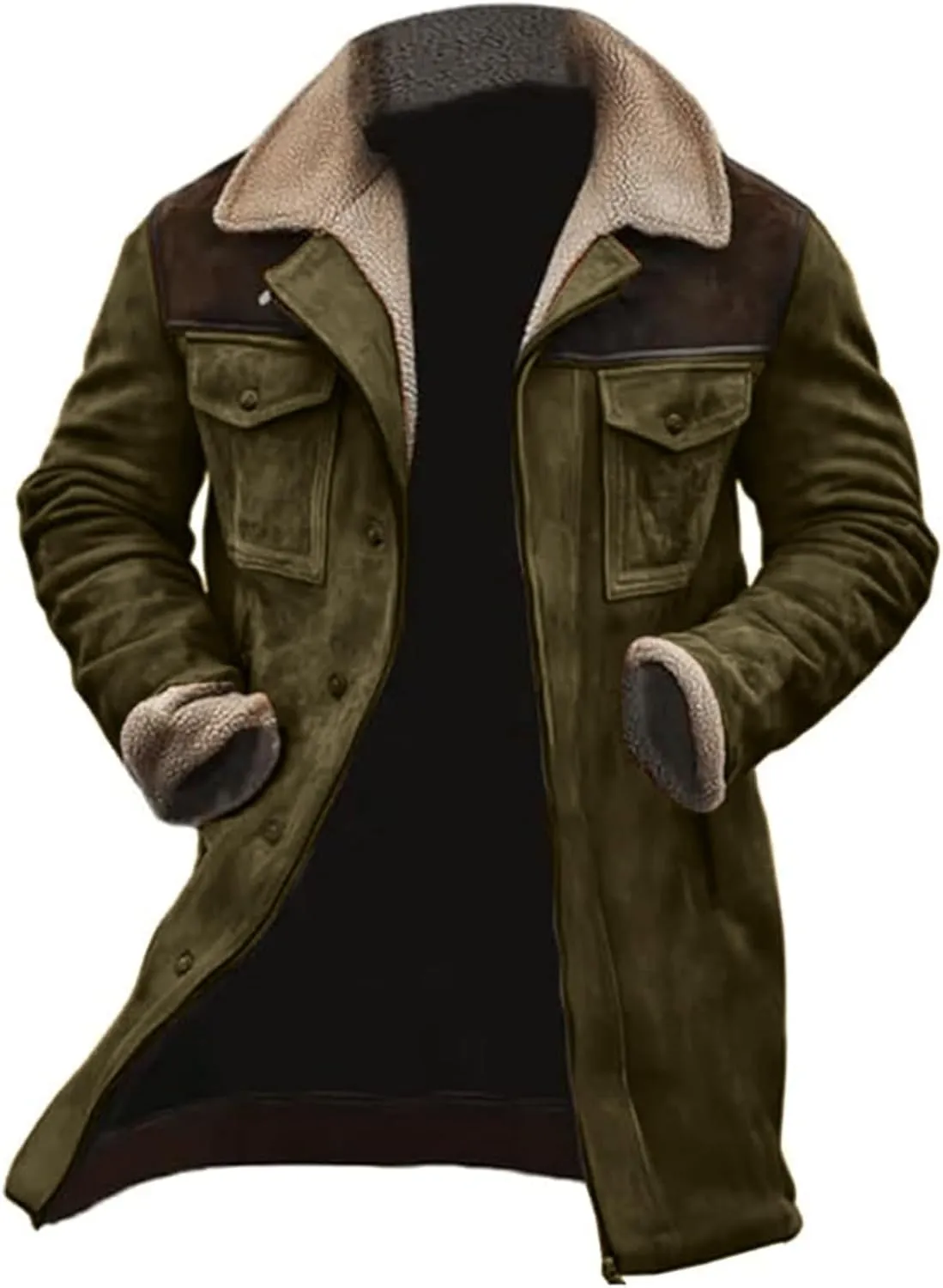 Mens Fleece Suede Coats Winter Plush Lapel Sherpa Lined Jackets Thicken Cashmere Outdoor Retro Warm Shacket Outerwear