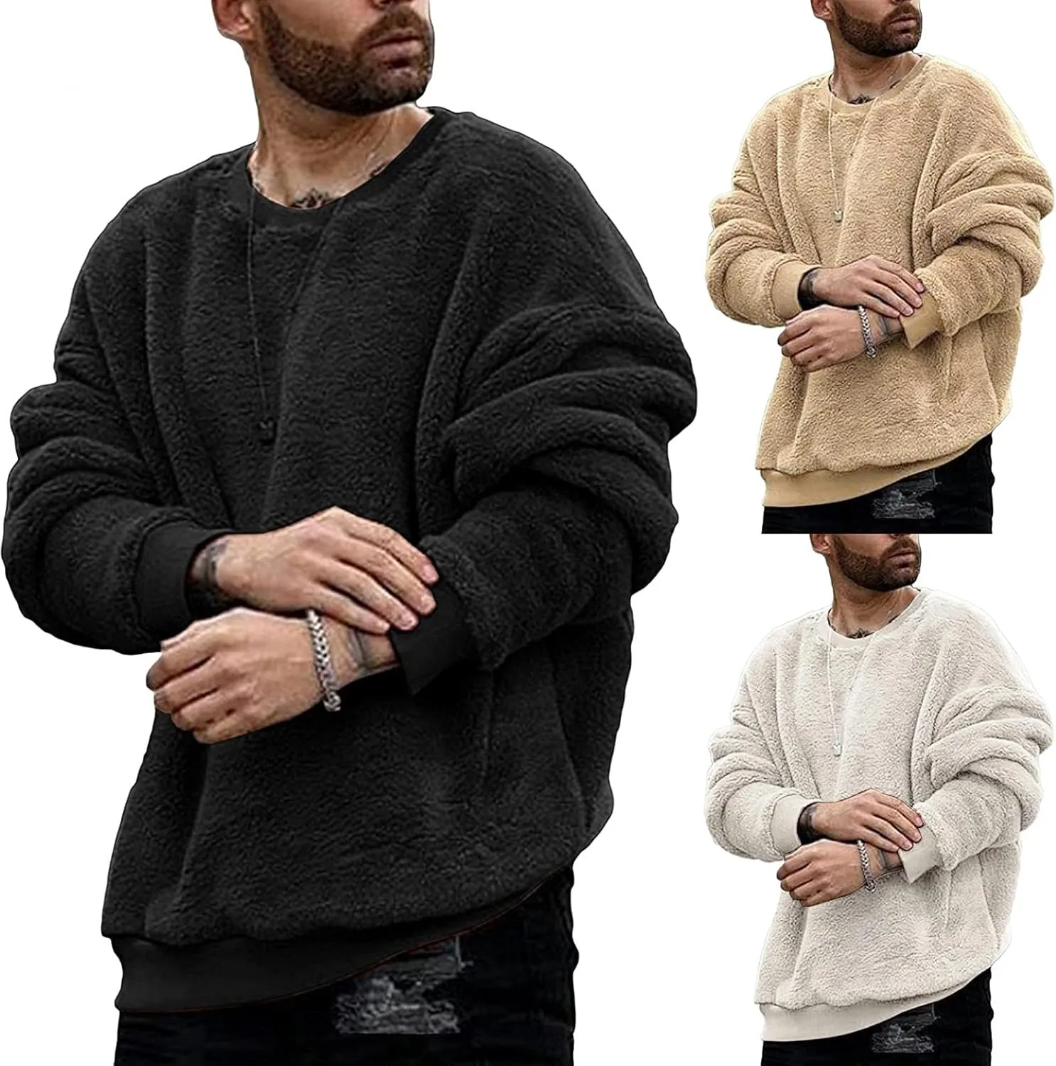 Mens Fuzzy Sherpa Sweatshirt Long Sleeve Fluffy Crew Neck Pullover Cozy Basic Loose Unisex Fall Winter Warm Tops