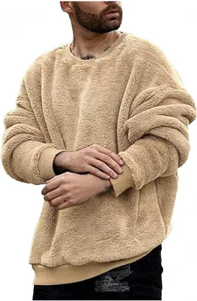 Mens Fuzzy Sherpa Sweatshirt Long Sleeve Fluffy Crew Neck Pullover Cozy Basic Loose Unisex Fall Winter Warm Tops