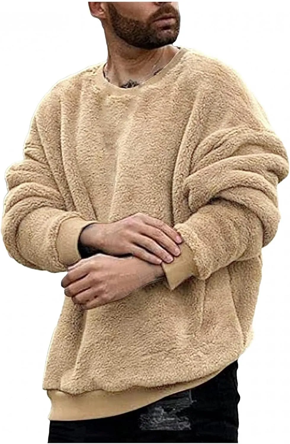 Mens Fuzzy Sherpa Sweatshirt Long Sleeve Fluffy Crew Neck Pullover Cozy Basic Loose Unisex Fall Winter Warm Tops