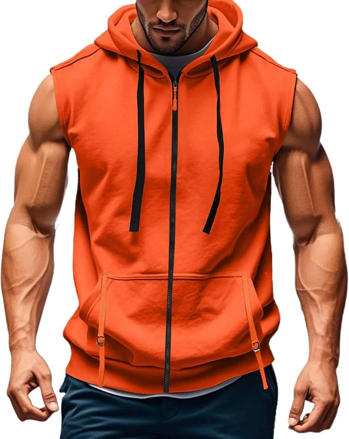 Mens Gym Top Streetwear Full Zip Hoodies Fashion Casual Muscle Fit Hooded Jacket for Basketball Workout Outdoor Cargo Vest Sweatshirt with Kangaroos Pockets