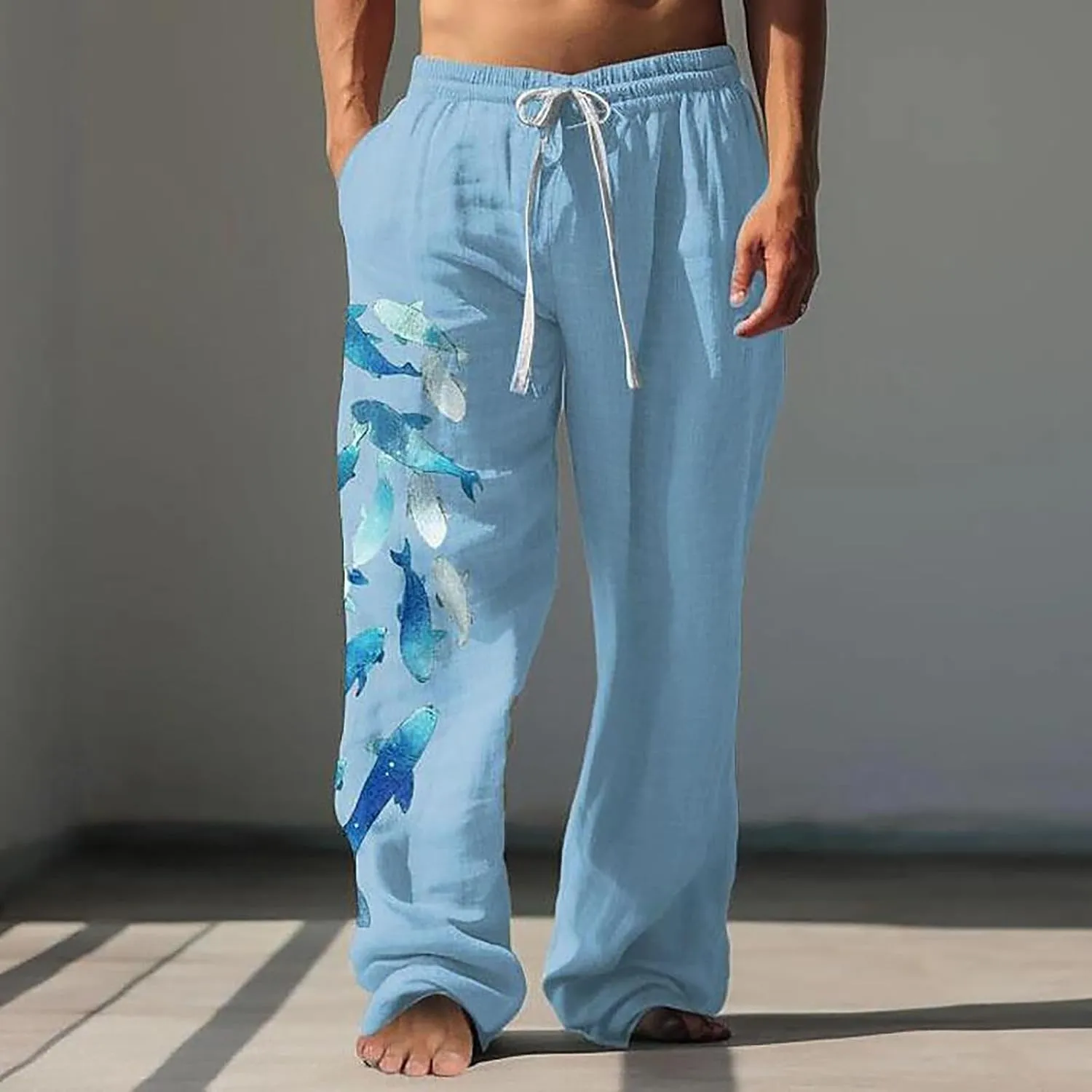 Mens Linen Beach Pants Big and Tall Casual Lounge Drawstring Vacation Print Pants with Pockets Lightweight Trousers