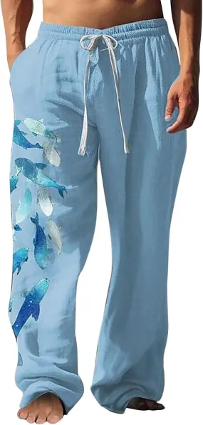 Mens Linen Beach Pants Big and Tall Casual Lounge Drawstring Vacation Print Pants with Pockets Lightweight Trousers