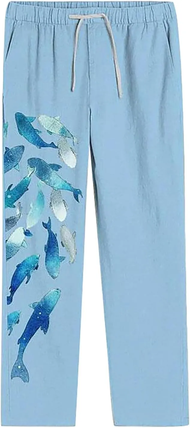 Mens Linen Beach Pants Big and Tall Casual Lounge Drawstring Vacation Print Pants with Pockets Lightweight Trousers