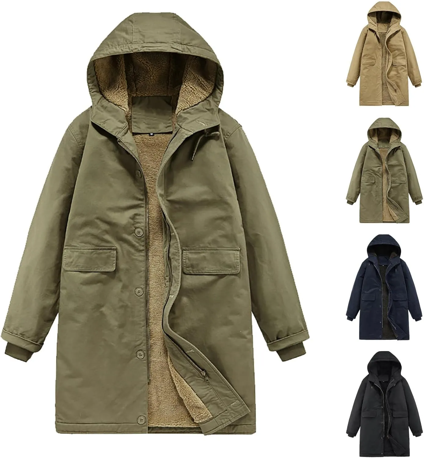 Mens Sherpa Fleece Lined Overcoats Fall Winter Warm Military Jacket Parka Cotton Cargo Hooded Windproof Windbreaker