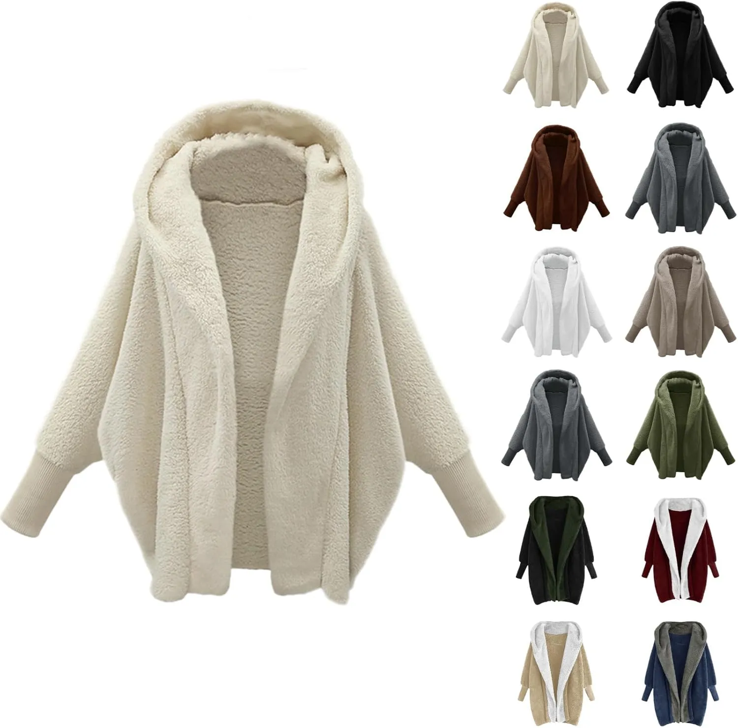 Plus Size Winter Fleece Cardigan Jackets for Women with Hood Sherpa Thermal Lantern Sleeve Fuzzy Cozy Coats Outerwear