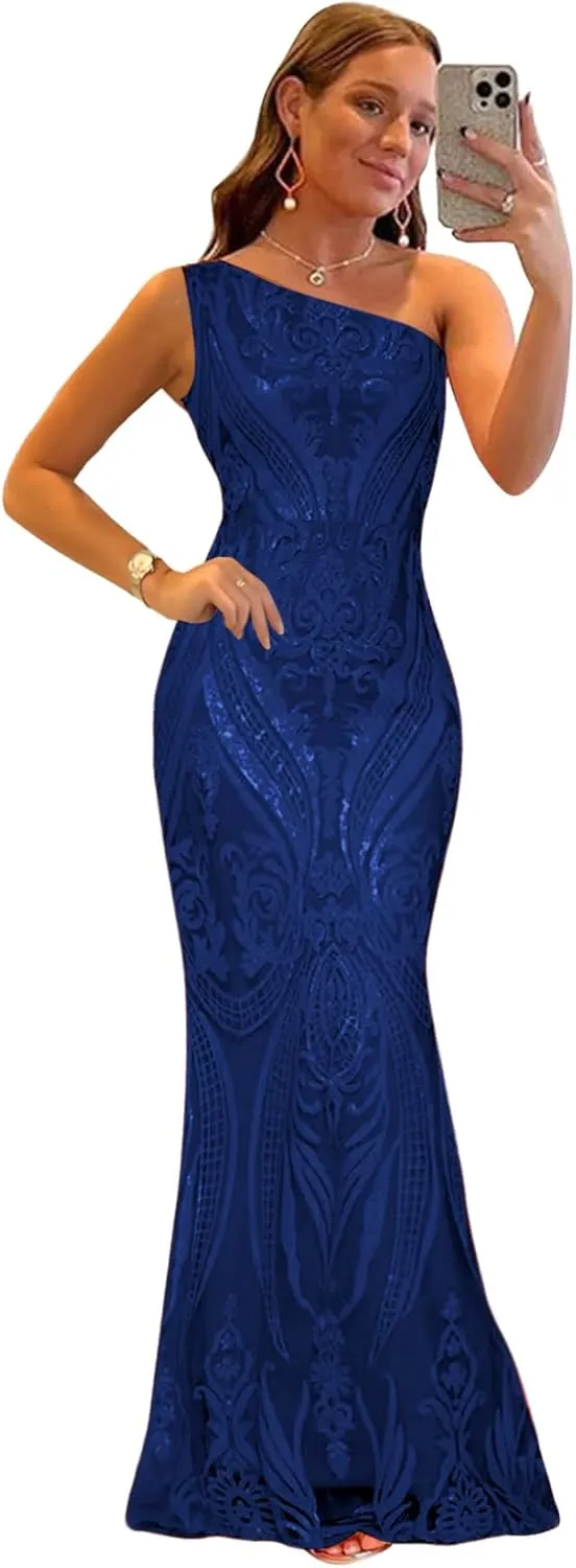 Sparkly Sequin Lace Mermaid Prom Dress for Wedding Long One Shoulder Pleated Modest Formal Party Gowns for Women HU002