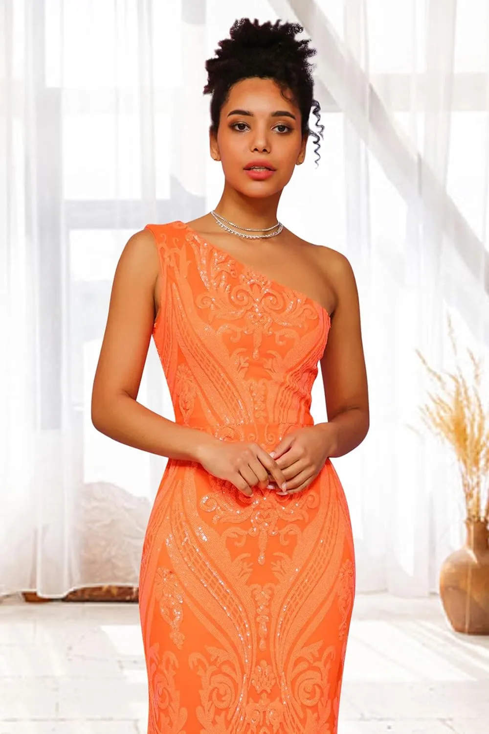 Sparkly Sequin Lace Mermaid Prom Dress for Wedding Long One Shoulder Pleated Modest Formal Party Gowns for Women HU002