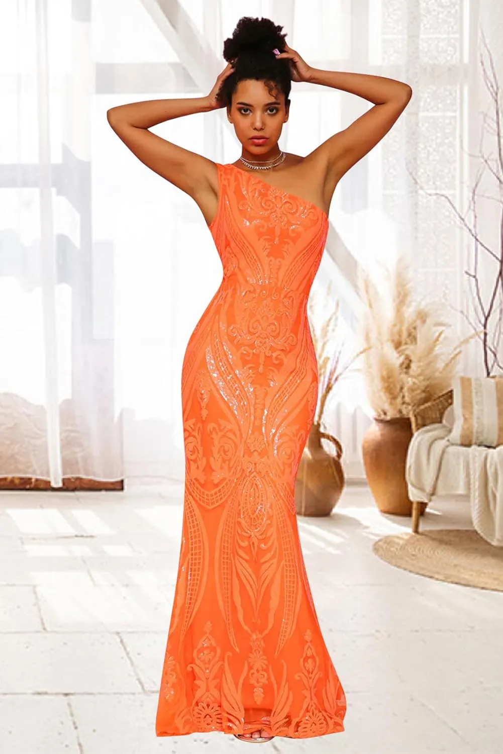 Sparkly Sequin Lace Mermaid Prom Dress for Wedding Long One Shoulder Pleated Modest Formal Party Gowns for Women HU002