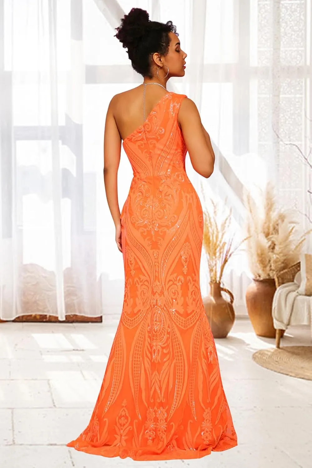 Sparkly Sequin Lace Mermaid Prom Dress for Wedding Long One Shoulder Pleated Modest Formal Party Gowns for Women HU002