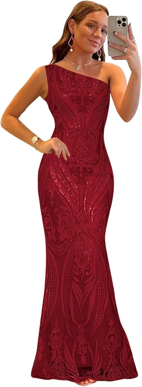 Sparkly Sequin Lace Mermaid Prom Dress for Wedding Long One Shoulder Pleated Modest Formal Party Gowns for Women HU002