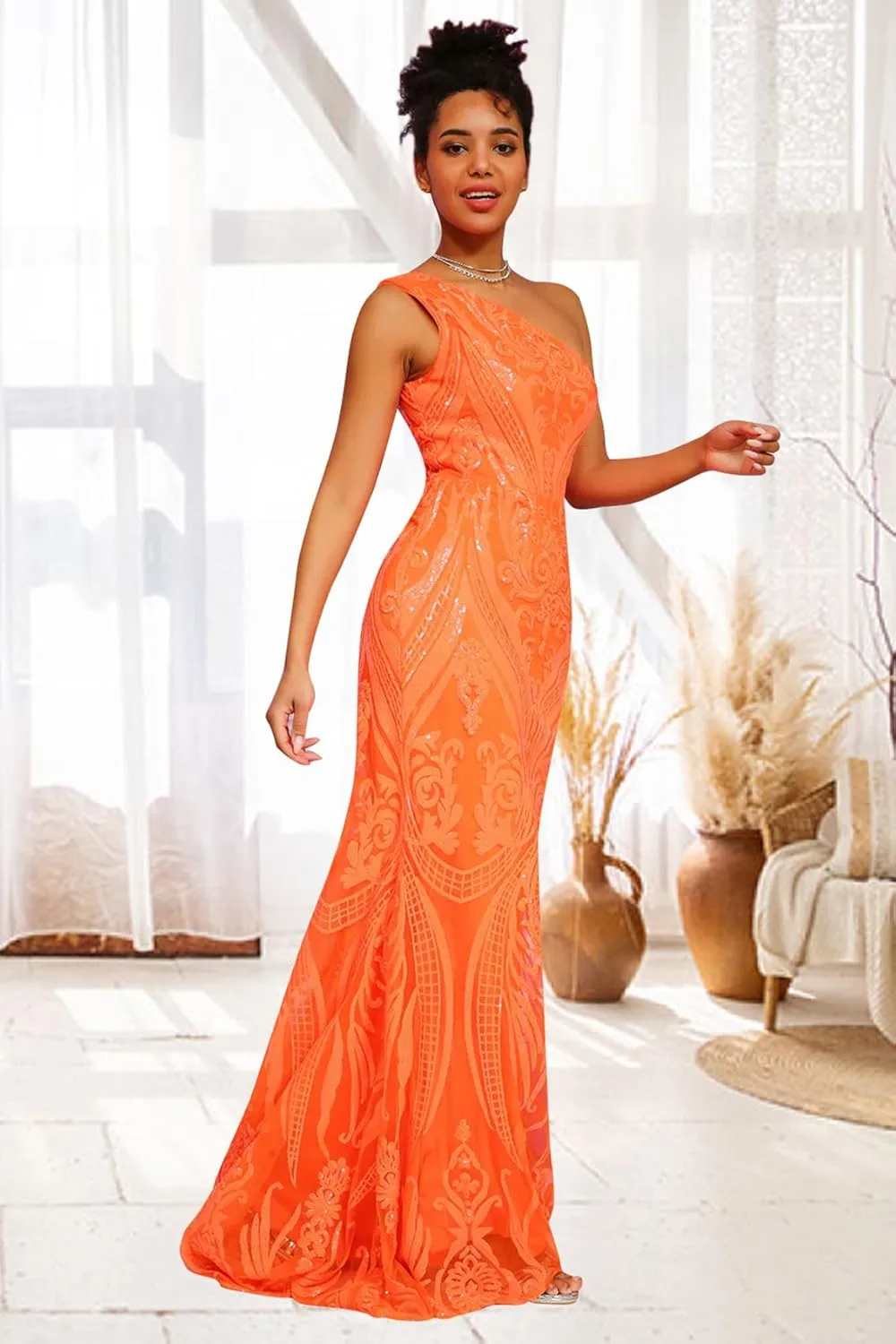 Sparkly Sequin Lace Mermaid Prom Dress for Wedding Long One Shoulder Pleated Modest Formal Party Gowns for Women HU002