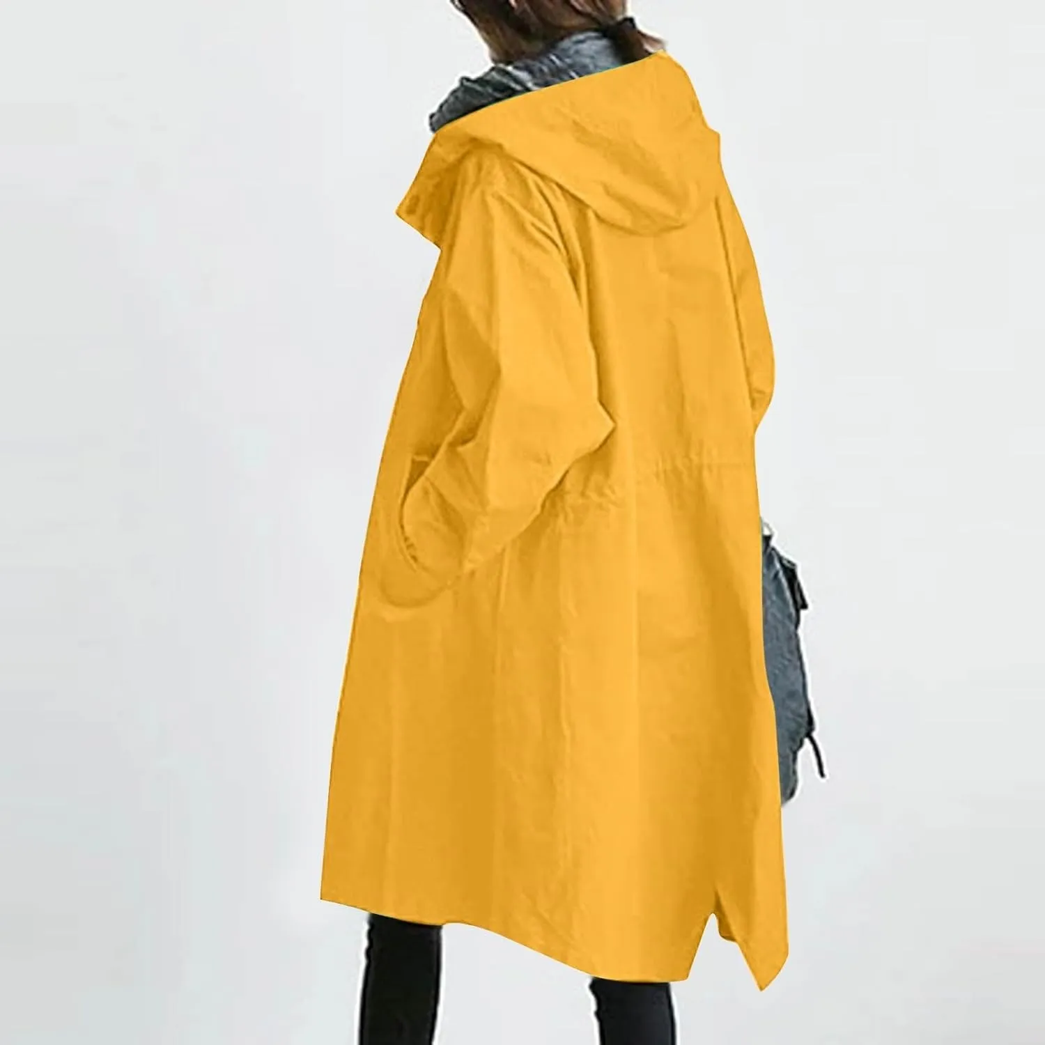 Womens Plus Size Long Hooded Trench Coat Fall Long Sleeve Single-Breasted Open Front Softshell Windbreaker Jackets