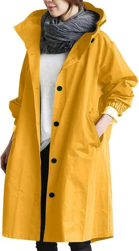 Womens Plus Size Long Hooded Trench Coat Fall Long Sleeve Single-Breasted Open Front Softshell Windbreaker Jackets