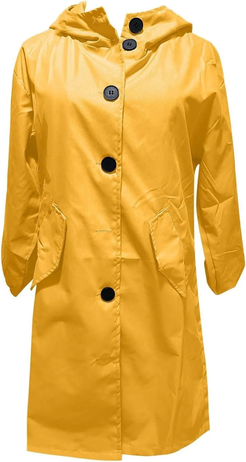 Womens Plus Size Long Hooded Trench Coat Fall Long Sleeve Single-Breasted Open Front Softshell Windbreaker Jackets