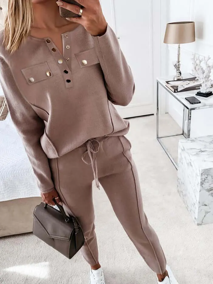 Women's Soft Knit Lounge Set: Henley Top & Trousers