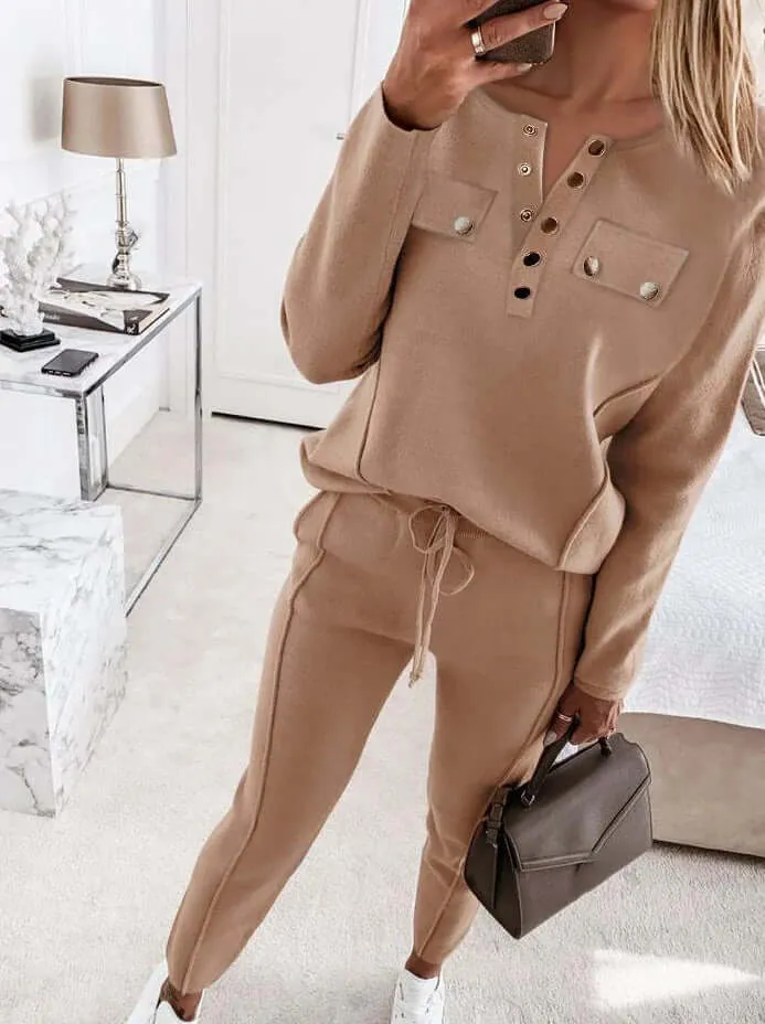 Women's Soft Knit Lounge Set: Henley Top & Trousers
